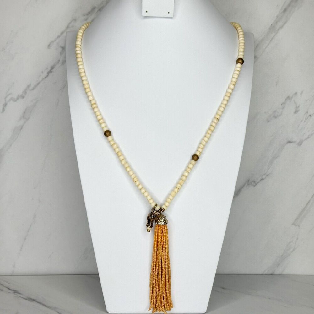 Chico's Beaded Tassel Necklace Gold Tone Camel Charm Pendant 36" ✨